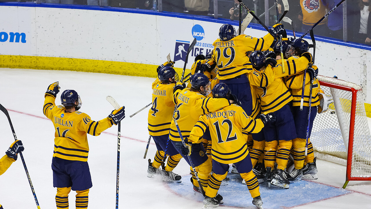 Men's Ice Hockey celebrate a goal on the ice