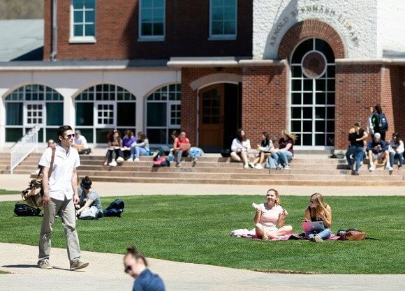 A bunch of students sit out on the grass of the quad in front of the library on a sunny day.