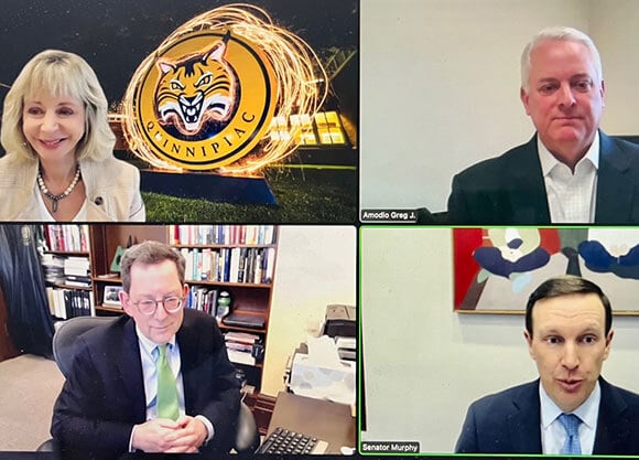 Screen capture of The Way Forward Series with President Judy Olian, Michael Schill, and U.S. Sen. Christopher Murphy of Connecticut