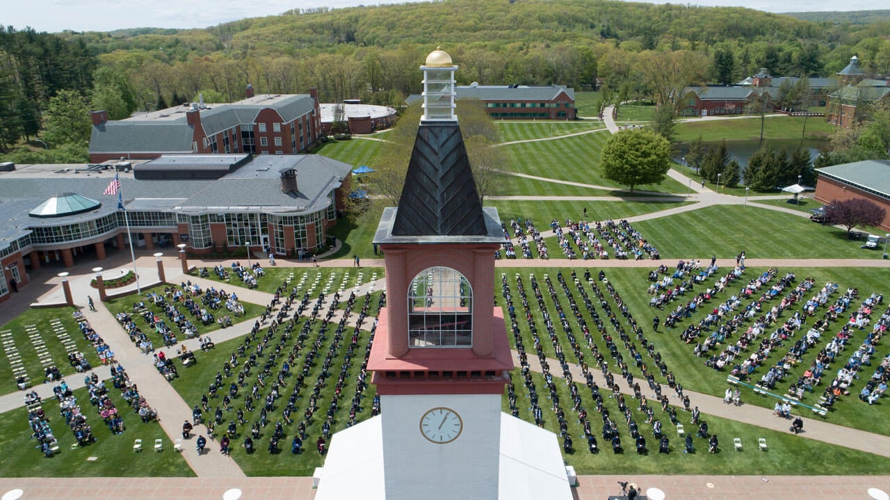 Drone shot of library and quad