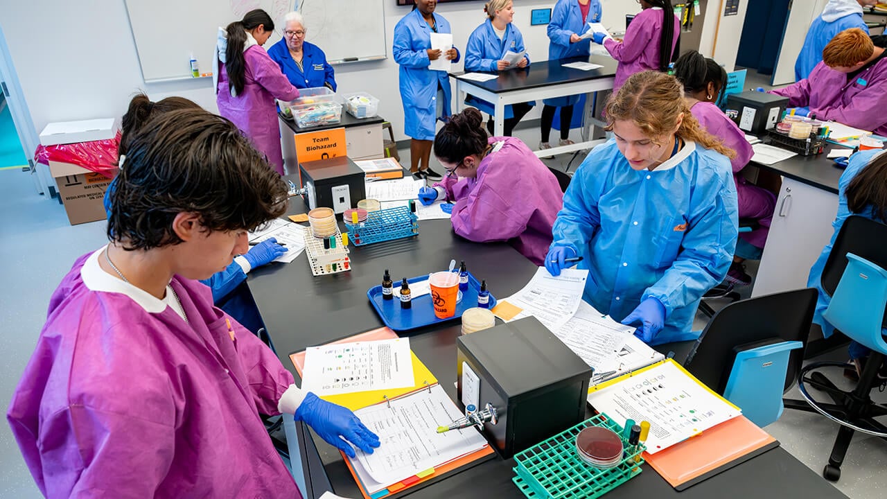 Students reading lab instructions