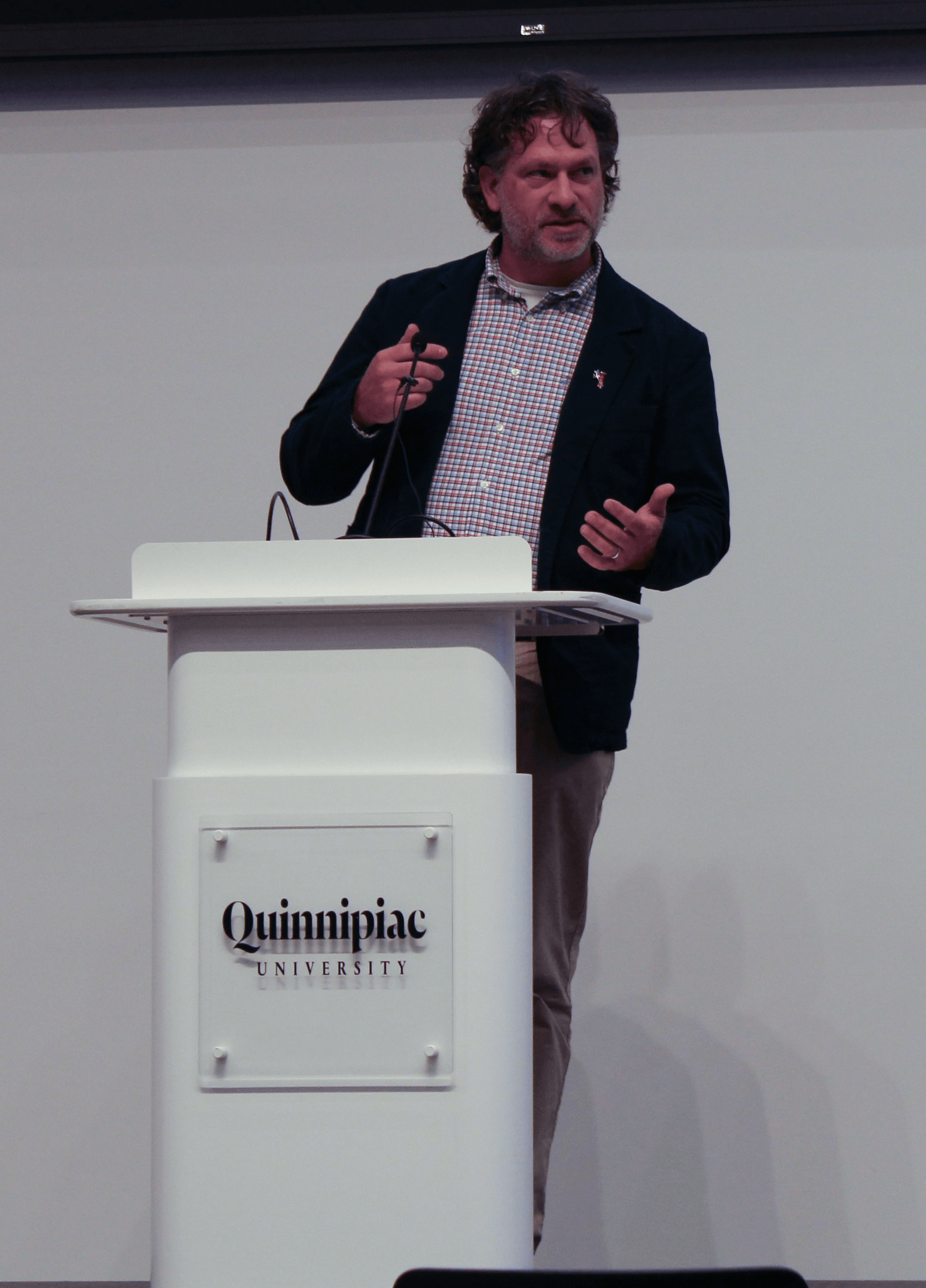 Jonathan Sawitsky speaks at the Quinnipiac podium during the 9/11 Teach-In.
