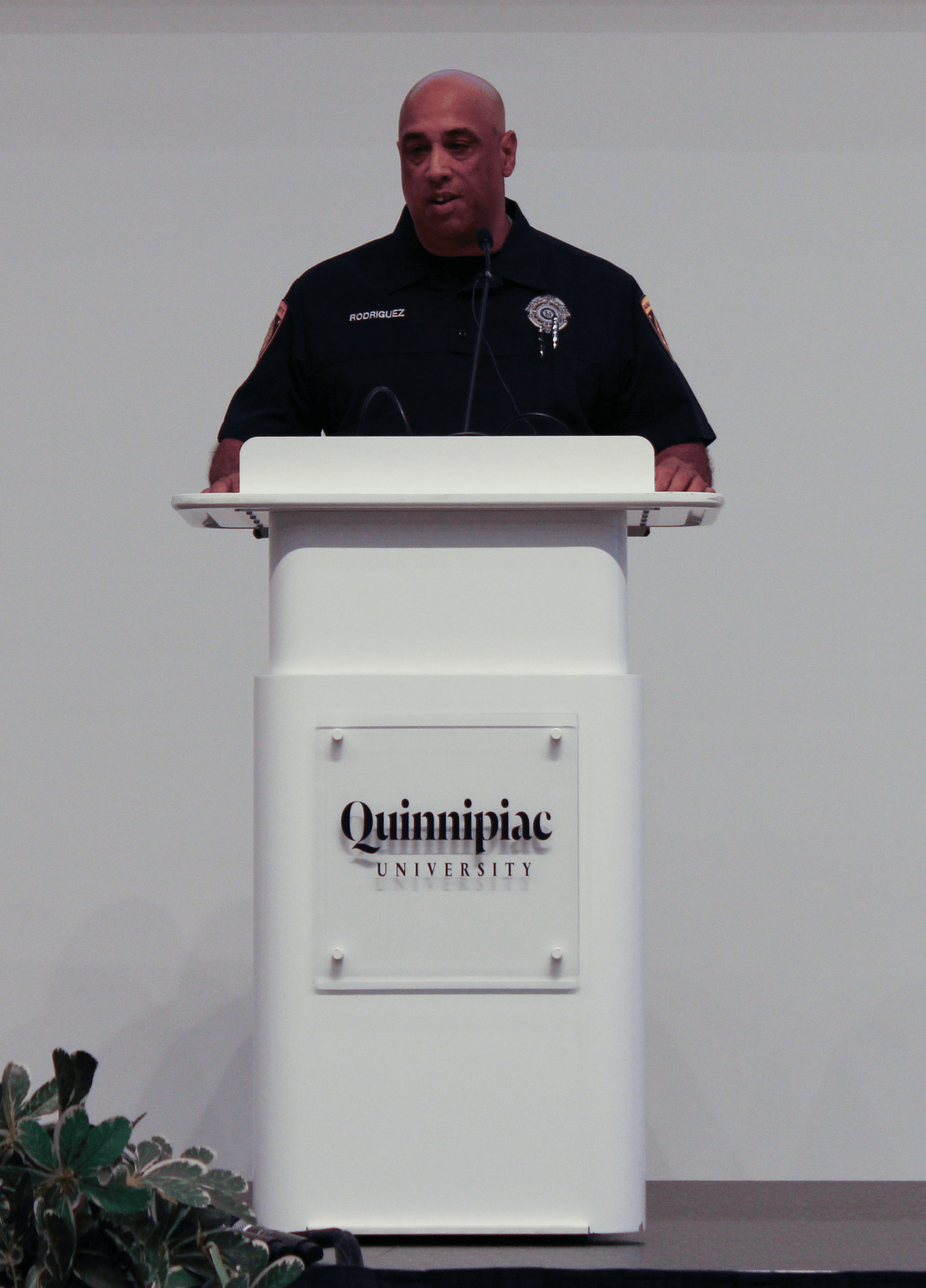 Alfredo Rodriguez speaks at the Quinnipiac podium during the 9/11 Teach-In.