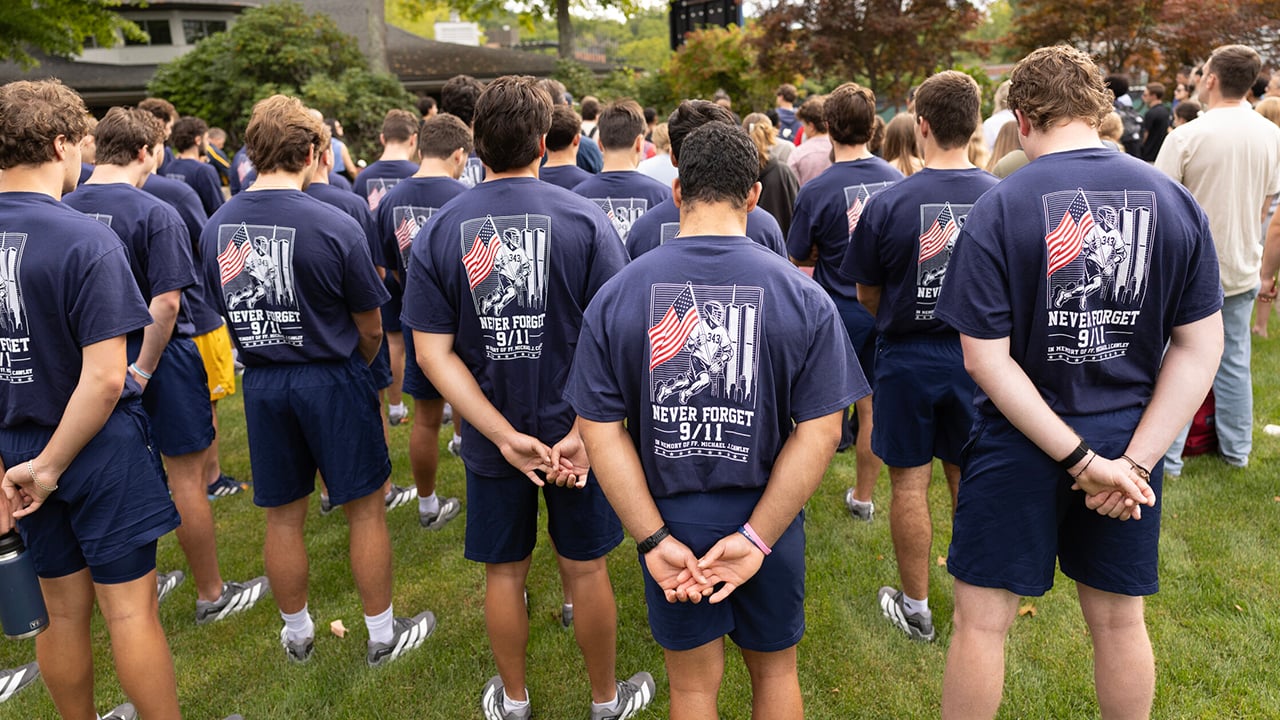Group of lacrosse players wearing 9/11 remembrance shirts